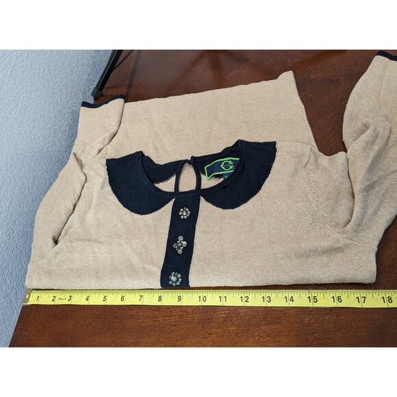 Wonder Knit Sweater XS Beige Black Contrast Collar Wool Keyhole Crew Neck Office - Picture 6 of 8